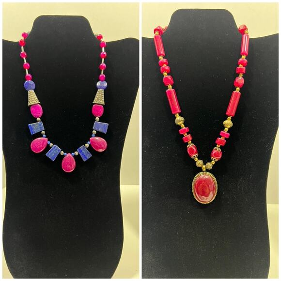 Pink and blue vibrant beaded statement necklaces set of 2 - Picture 1 of 7